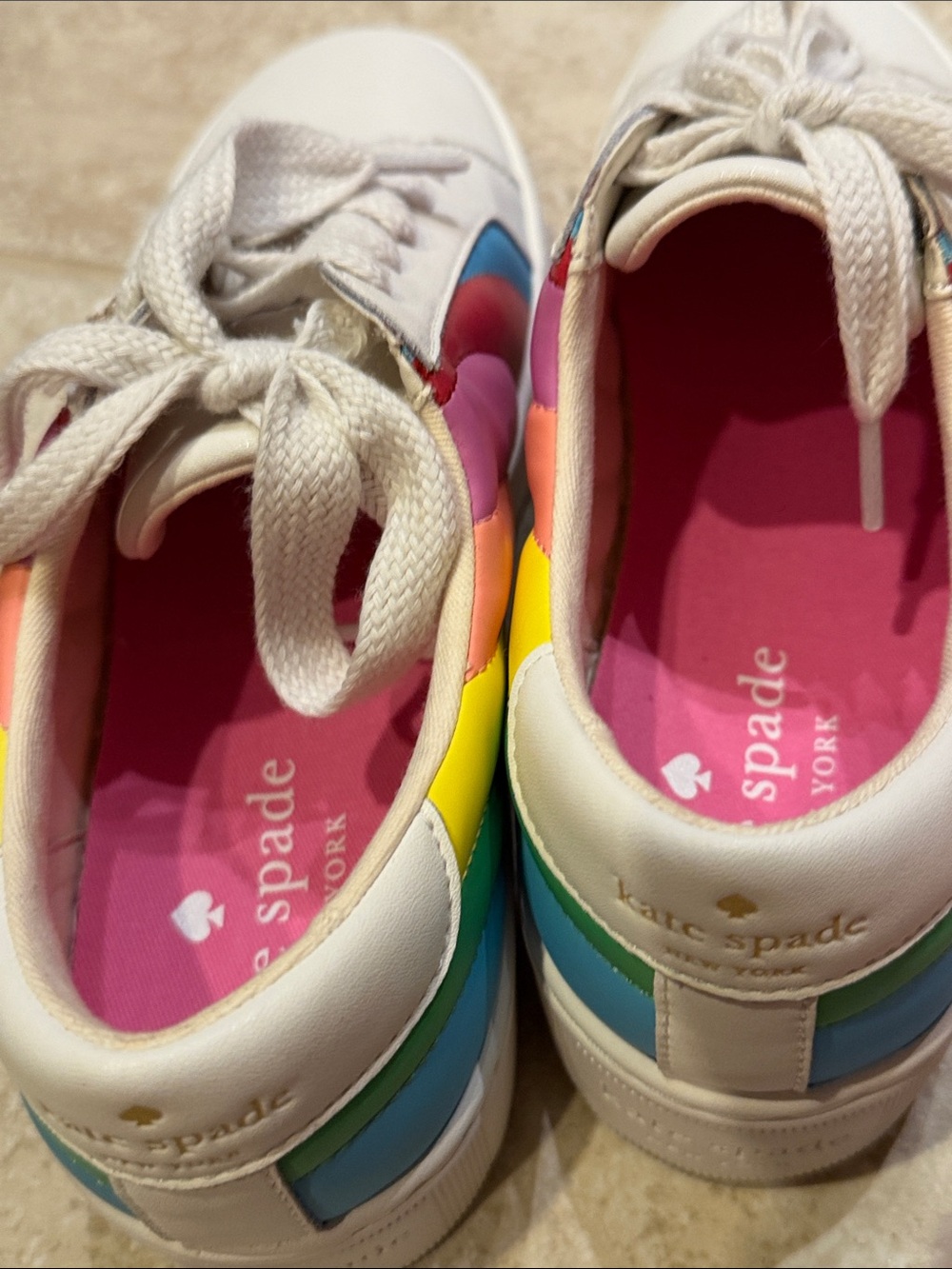 kate spade White Leather Sneakers with Pink, Blue & Yellow Accents - Picture 7 of 12